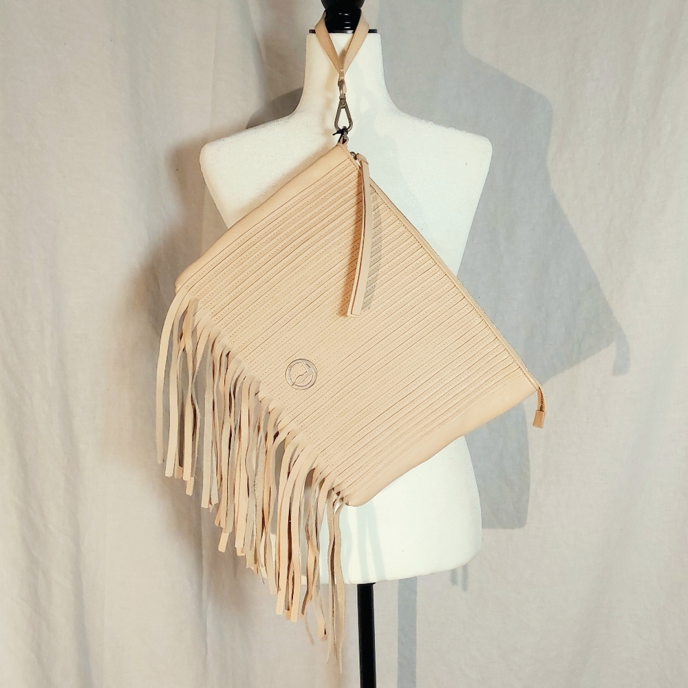 Tru Trussardi blush leather fringed pochette, NWT